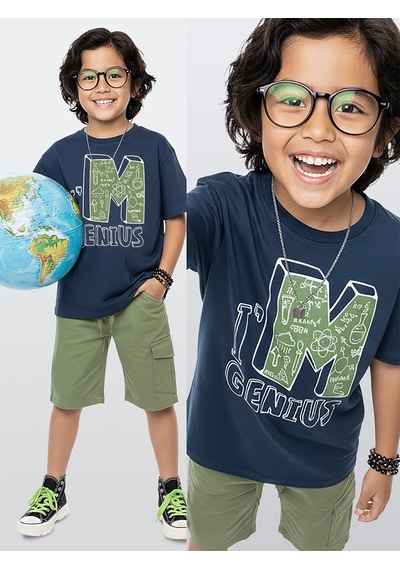 Erkek Çocuk Takım Bilim Baskılı Pamuk T-Shirt Gabardin Dokuma Şort Yazlık Takım