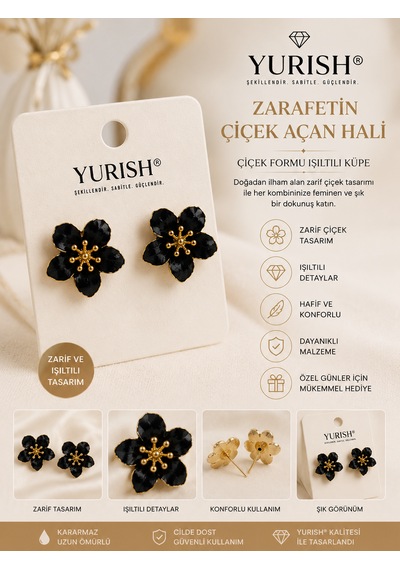 Kadın Sedefli Çiçek Figürlü Mineli Model 2'li Küpe Siyah
