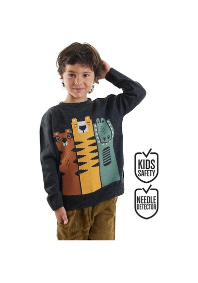 Denokids Erkek Çocuk Kışlık Hayvan Desenli Triko Gri Uzun Kollu Kazak 2-8 Yaş