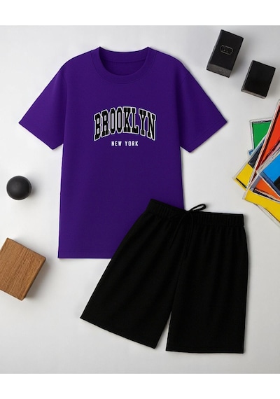 Uyguntarz Unisex Brooklyn Baskılı Tasarım Şort Takım Mor