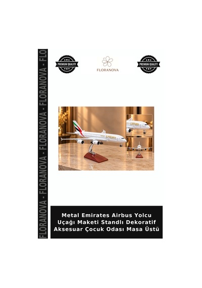 Metal Emirates Airbus Yolcu Uçağı Maketi Standlı Dekoratif Aksesuar Çocuk Odası Masa Üstü