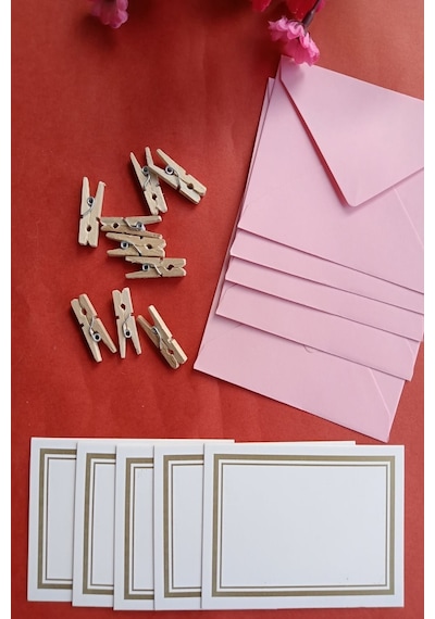 Pembe 10 Adet Mandallı Zarflı Not Kartı Seti- Hediye Kartı