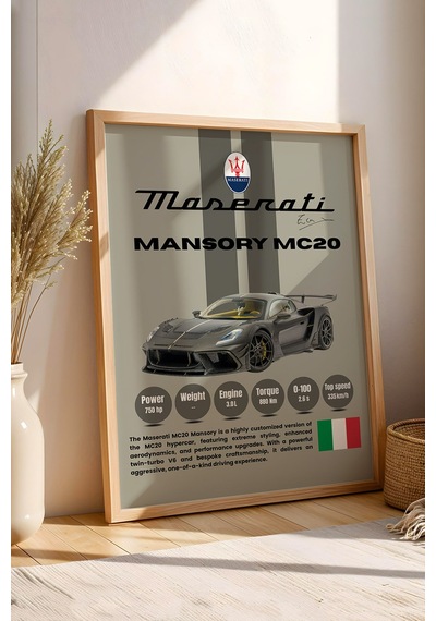 Maserati Mansory Mc20 Premium Araba Tablosu - Teknik Özellikli İtalyan Otomobil Duvar Dekoru Kayın