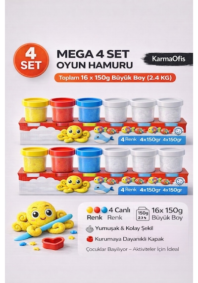 Kidz 4 Lü Büyük Boy Oyun Hamuru 4x150 Gr 4 Renk Yumuşak Çocuk Oyun Hamuru Beyaz