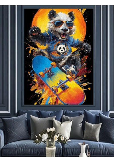 Ahşap Tablo Kaykay Yapan Havalı Panda