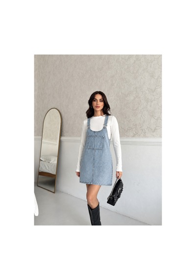 Kene Jeans Kadın Mavi Kanguru Cep Bahçevan Kot Elbise Mavi