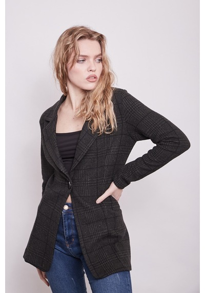 Ekose Desenli Yakalı Uzun Kol Tek Düğme Yünlü Kumaş Blazer Ceket-haki Desen Haki D.