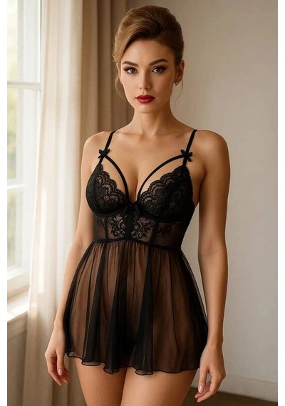 Veraura Lifestyle Kadın Transparan Dantel Babydol V2211 Pembe