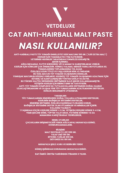 Vetdeluxe Hairball Adult Malte Paste Tüy Yumağı Macun 100 G