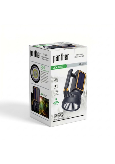 Panther Pt-6214 Usb Şarjlı Solar El Feneri Siyah