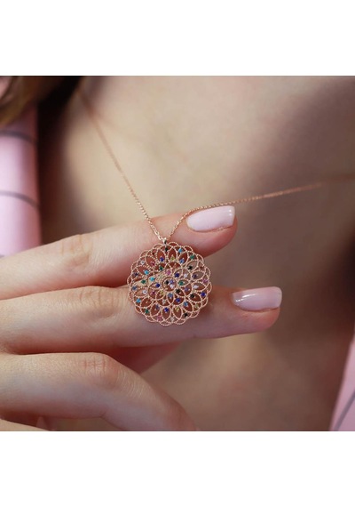 Yaşam Çiçeği Renkli Zirkon Taşlı Rose Gold Kaplama Gümüş Kolye Gümüş