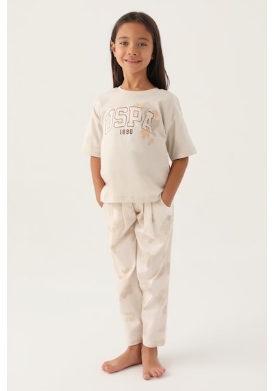 U.s. Polo Assn Lisanslı Floral Pattern Bej Kız Çocuk Pijama Takımı 5274-43372 Bej