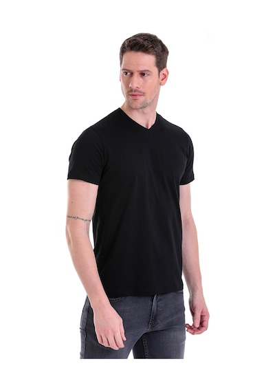 Hatemoğlu Siyah Düz Slim Fit 100% Pamuk V Yaka Tişört Siyah