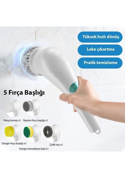 Şarjlı 5 Başlıklı Profesyonel Temizlik Fırçası Bulaşık Küvet Lavabo Banyo Temizleme Fırçası Diğer