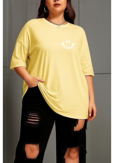 Büyük Beden Gülücük Baskılı Unisex Tişört Sarı