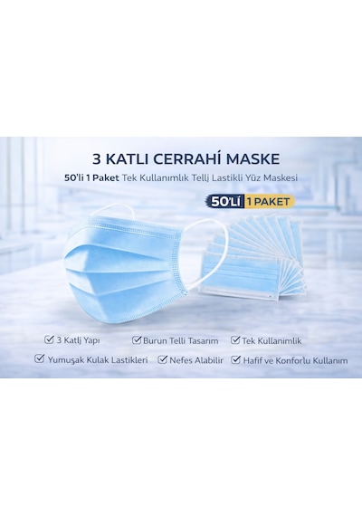 3 Katlı Cerrahi Maske 50'li 1 Paket Tek Kullanımlık Telli Lastikli Yüz Maskesi