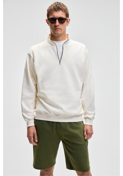 Grımelange NESTOR Erkek Relaxed Fit Dik Yakalı Yarım Fermuarlı Uzun Kollu Ekru Sweatshirt
