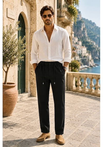 Danger Erkek Pamuk Viskon Kumaş Keten Görünümlü Siyah Slim Fit Pantolon - 216dngr