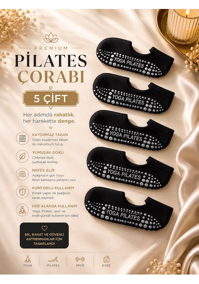 Çorap Vitrini Premium 5 Çift Siyah Pilates Ve Yoga Çorabı Kaymaz Tabanlı Altı Silikonlu Babet Spor Çorap Seti