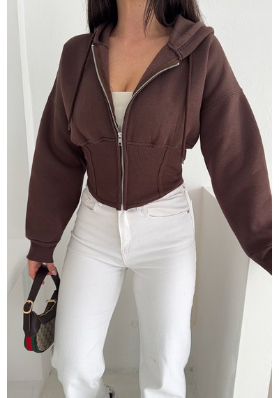 Kadın Siyah Fermuarlı Hoodie Minimal Sokak Ruhuyla Kahverengi