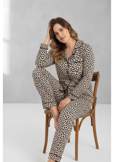 Bravie Luxury Viscose Leopar Desenli Kadın Uzun Kollu Büyük Beden Pijama Takımı 42526 Leopar2