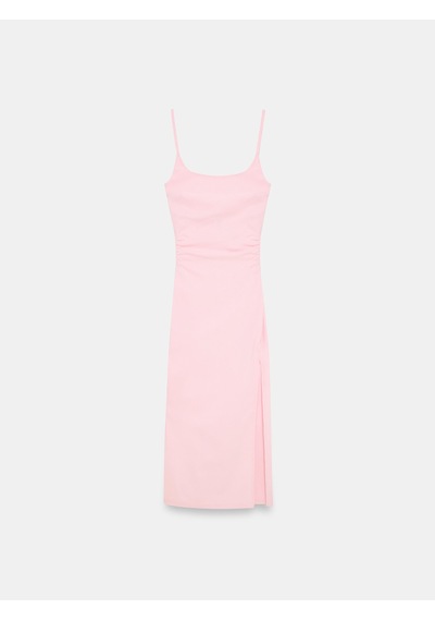 Dilvin 91712 Kare Yaka Büzgülü Midi Elbise-toz Pembe
