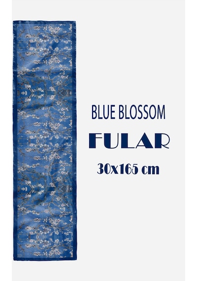 Blue Blossom Desen Şık & Zarif Kadın Aksesuarı Saten Fular 30x165cm Çok Renkli