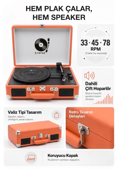 Kensa Bluetooth Lu Nostaljik Çantalı Pikap 33/45/78 Devir Dahili Bataryalı Plak Çalar ...