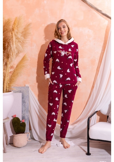 Nisanca Kapüşonlu Kışlık Kadın Peluş Polar Pijama Takımı - Yeni Yıl Pijaması Mürdüm
