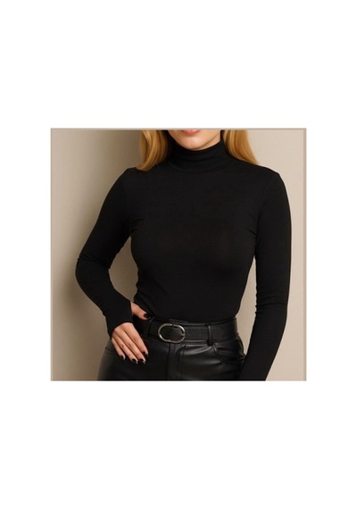 Unika Boutique Uzun Kol Dik Yaka Parmak Geçmeli Body T-shirt Siyah