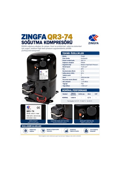 Zingfa Qr3-74 R404a 380v Trifaze Sanayi Tipi Soğutma Kompresörü Siyah