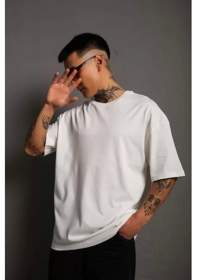 Erkek 24/1 Düz A Kalite Oversize T-shirt - Beyaz Beyaz