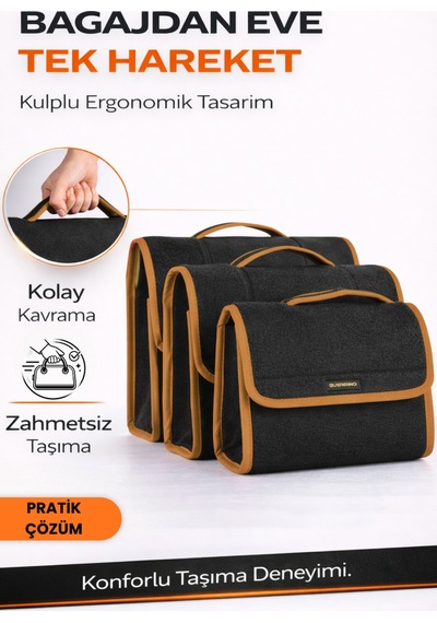 Oto Bagaj Organizer Bagaj Çantası 3'lü Kombo Kaymaz Cırt Bantlı Velur Kompakt - Siyah Kahverengi