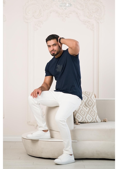Paul Martin Bisiklet Yaka Önü Baskılı Pamuklu Basic Regular Fit T-shirt Lacivert