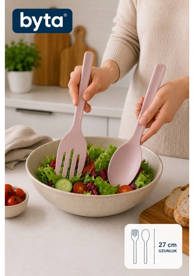 Salata Servis Kaşık Ve Çatal Seti 2'li Bpa İçermez Ergonomik Mutfak Servis Seti Pembe