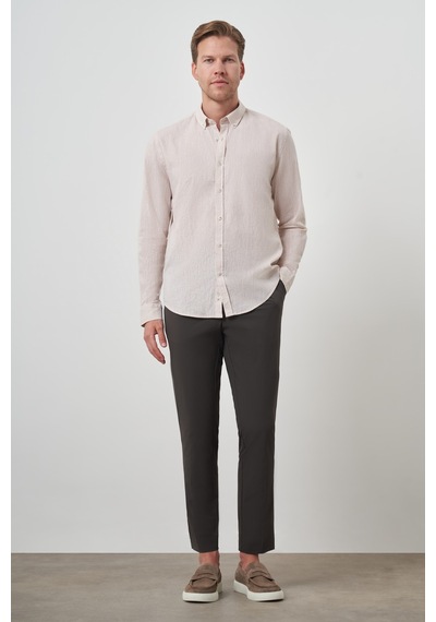 Morven Erkek Bej Keten Trend Dynamic Fit Düğmeli Yaka Gömlek 25ys004018653 Bej Bej