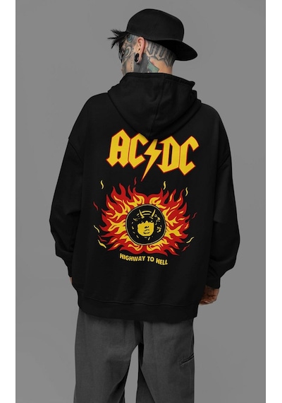 Sevbano Ac Dc Müzik Grubu Baskılı Unisex Oversize Rock Metal Hoodie Siyah
