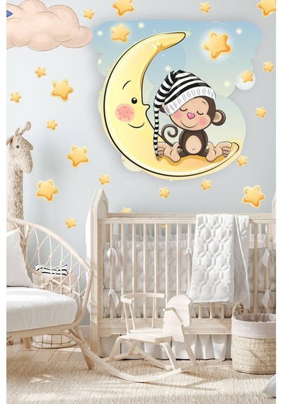 MSticker Ayda Oturan Maymun Bulut Ve Yıldızlar Çocuk Bebek Odası Sticker Seti