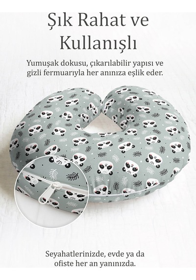 Panda Desenli Pamuklu Boyun Yastığı - Sevimli Gri Yaprak Figürlü Çocuk & Yetişkin Seyahat Yastığı Sedefli Adaçayı Kurşun
