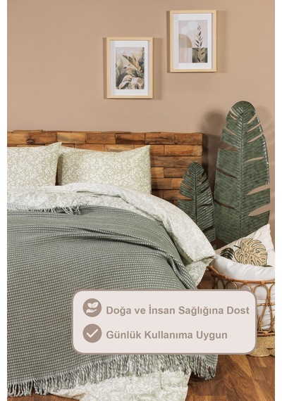 Elart Siena Nevresim Takımı Çift Kişilik %100 Pamuk Ranforce Lastikli Çarşaf 200x220 Cm Yeşil Yeşil