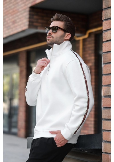 Madmext Ekru Fermuarlı Yarım Balıkçı Yaka Erkek Sweatshirt E7164 Ekru