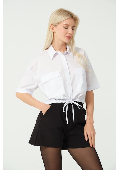 S'amore Clothing Bağcık Detay Crop Gömlek Beyaz Beyaz