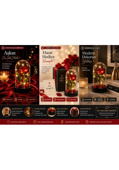 Led Işıklı Cam Fanus Solmayan Gül Sevgiliye Romantik Özel Gün Hediyesi Dekoratif Gece Lambası