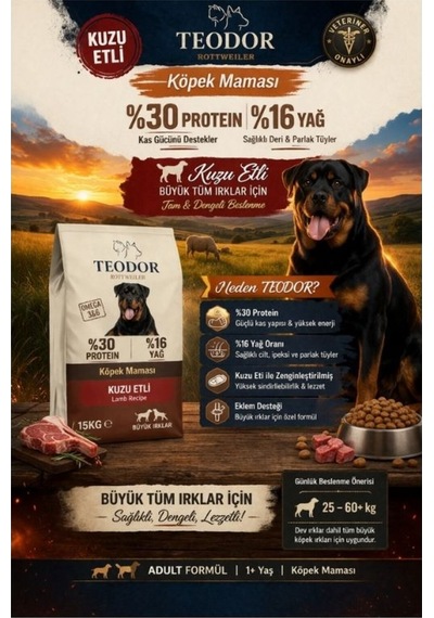 Teodor Kuzu Etli Büyük Irk Yetişkin Köpekler İçin 15 Kg %30 Protein %16 Yağ İçeren Köpek Maması