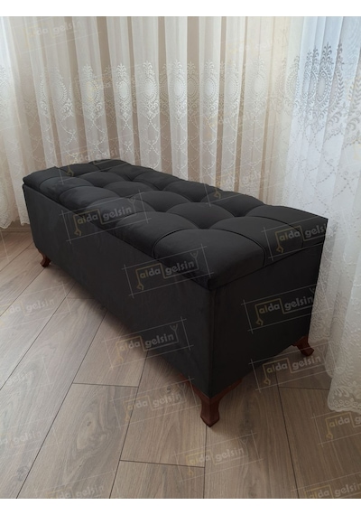 Çizgi Kapitoneli Sandıklı Puf 90 Cm Ceviz Ayak Siyah