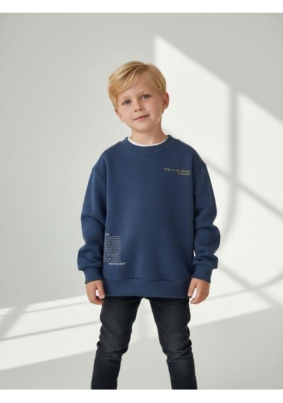 Zekids Erkek Çocuk Pamuklu V Yaka Baskılı Sweatshirt-16702 Indigo