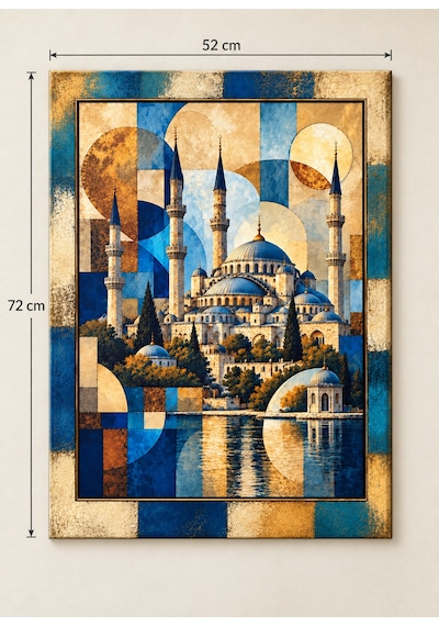 Geometrik Şekil Desenli Cami Ve Göl Detaylı Dekoratif Ahşap Tablo 52x72 Cm