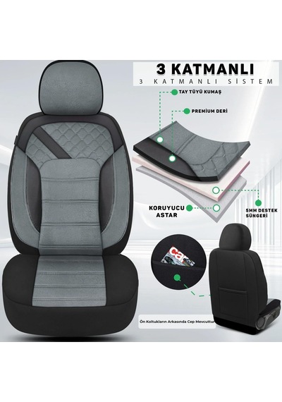 Her Araca Uyumlu Oto Koltuk Kılıfı Tam Set - Tay Tüyü Füme