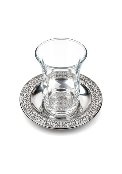 Binbir Trend 10 Cm Otantik Desenli Paslanmaz Çelik Çay Tabağı, Kırılmaz Metal Çay Bardağı Altlığı 6 Adet Gümüş