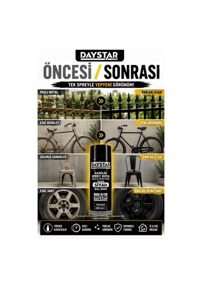 Parlak Siyah Akrilik Sprey Boya Ral 9005 400 Ml Hızlı Kuruyan Yüksek Kapatıcılı Metal Ahşap Plastik Çok Renkli Parlak Siyah Akrilik Sprey Boya Ral 9005 400 Ml Hızlı Kuruyan Yüksek Kapatıcılı Metal Ahşap Plastik Çok Renkli